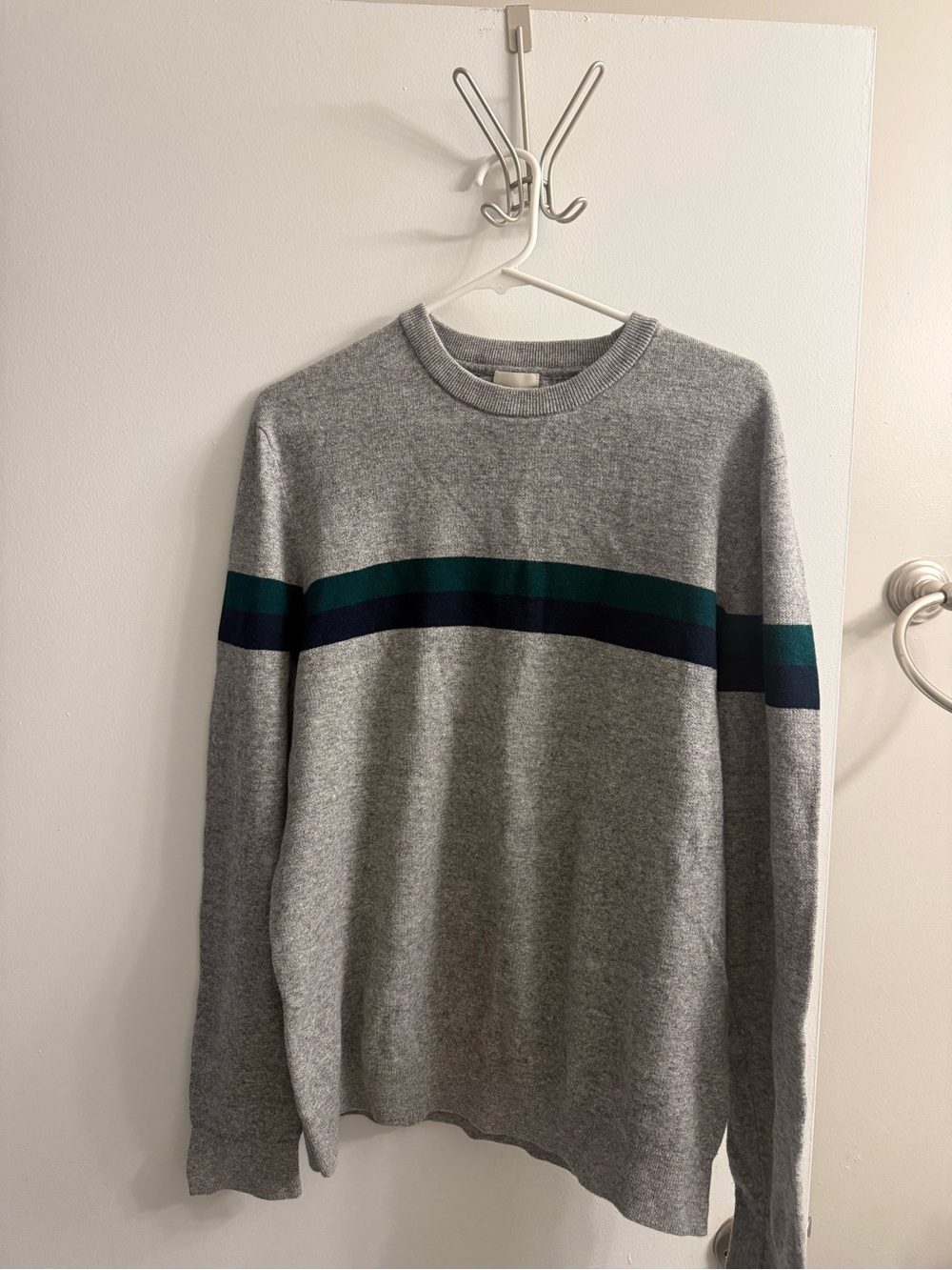 H&M Grey Crewneck Sweater with Dark Teal & Navy Stripe